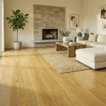 Light natural bamboo flooring plank sample on white background.