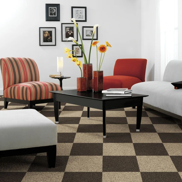 Brown and tan checkered carpet tiles in a chic living room