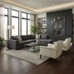 Luxury dark themed lounge featuring deep espresso bamboo flooring