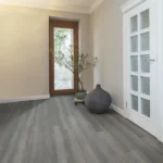 Minimalist home entryway featuring sleek grey bamboo flooring