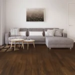 Minimalist white living room with deep espresso bamboo flooring