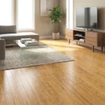 Modern living room featuring horizontal natural bamboo flooring