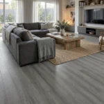 Modern living room interior with stylish grey bamboo flooring