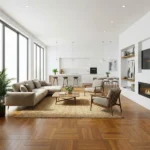 Modern open-plan living room featuring parquet bamboo flooring.