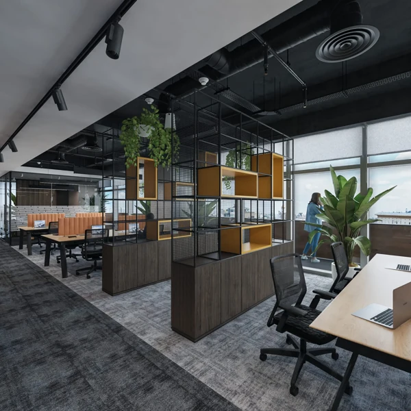 Modern professional office featuring contrasting grey patterned carpet tiles