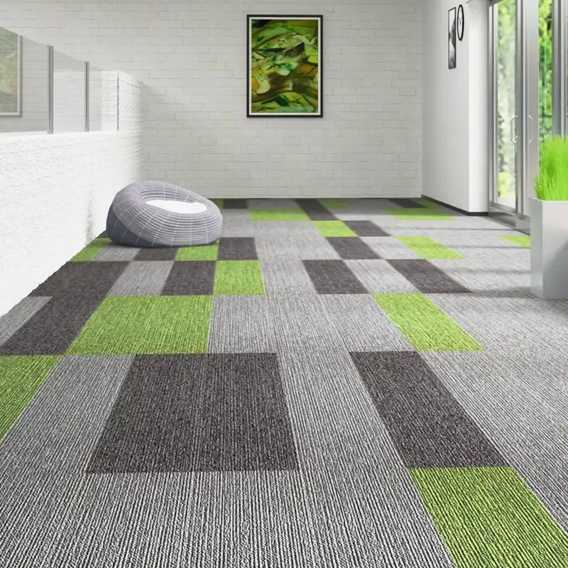 Multi-toned grey linear carpet tiles in a living room
