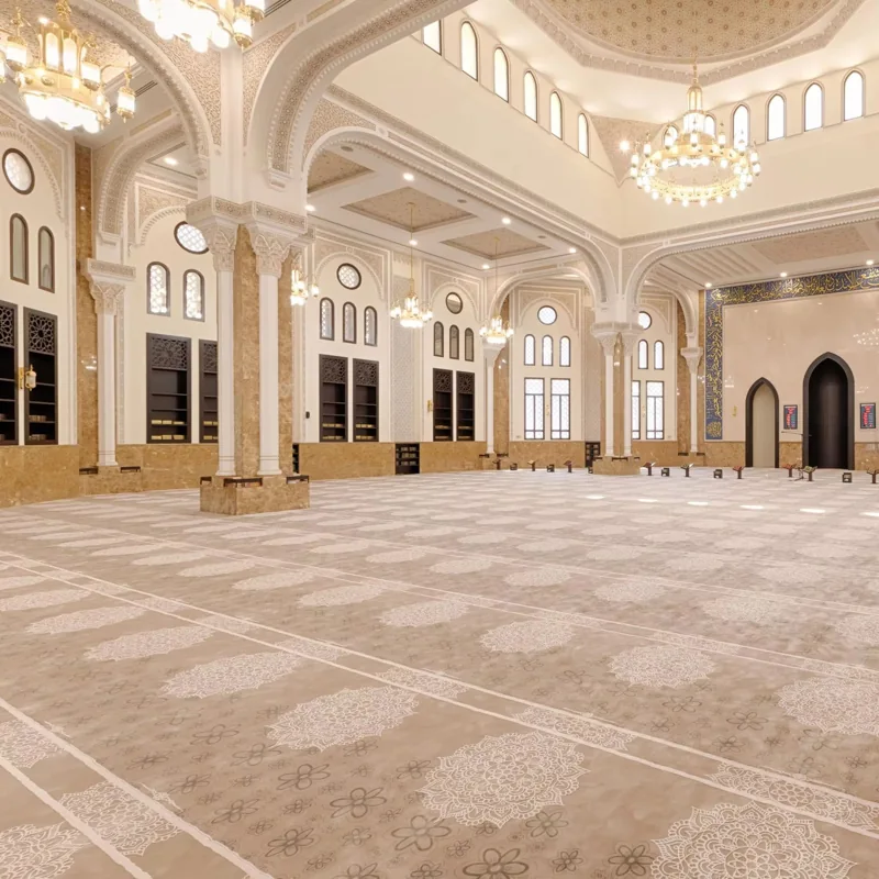 Patterned brown mosque carpet under chandeliers.