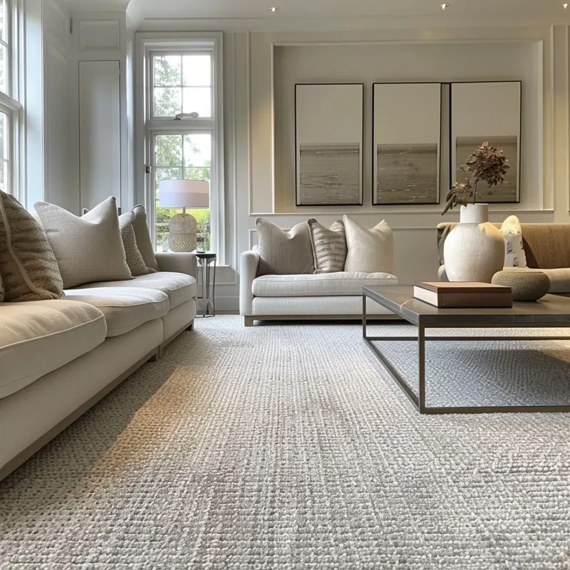 Patterned neutral carpet in a contemporary sitting room.