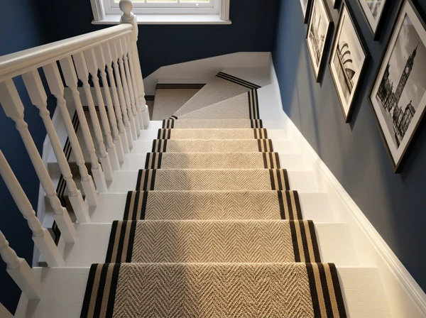 Patterned stair runner on grey painted steps