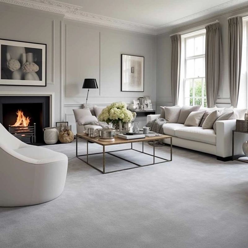 Plush light grey carpet in a luxury fireplace lounge.