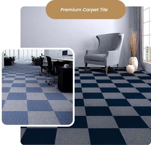 Premium checkered office carpet tiles in blue and grey.