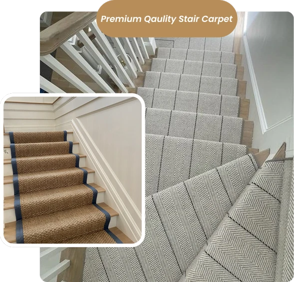 Premium quality stair carpet runner installation in herringbone and woven patterns