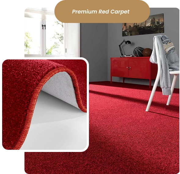 Premium red carpet texture closeup and room installation.