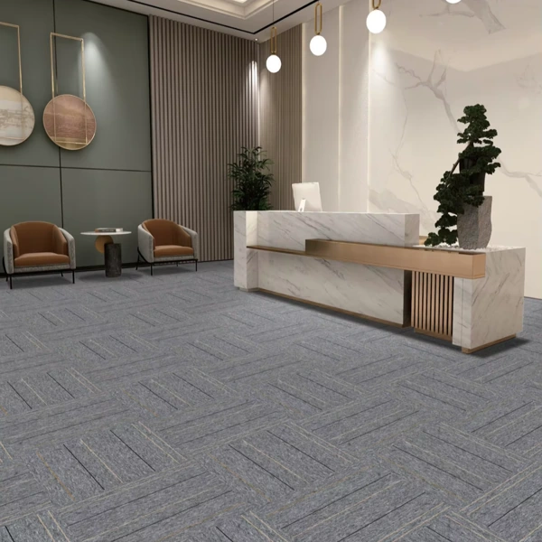 Elegant grey textured carpet tiles floor in a hotel reception