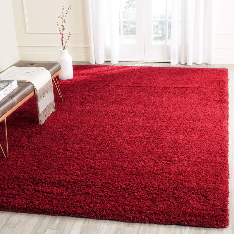 Red shag rug on wood floor next to leather bench