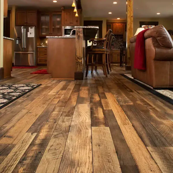 Rustic Engineering wood Flooring in open-plan kitchen.