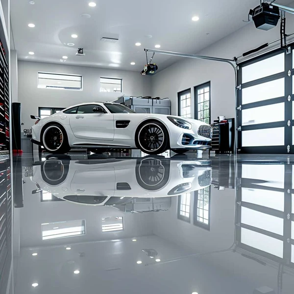 High-gloss epoxy floor coating inside a showroom garage