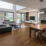 Spacious modern open plan home with warm brown bamboo flooring