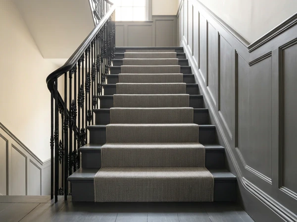 Straight view of grey stair carpet on white steps