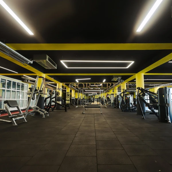 black, square gym flooring tiles.