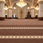 brown mosque carpet texture with a stitched edge.