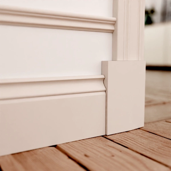 Cream MDF skirting board on oak floor