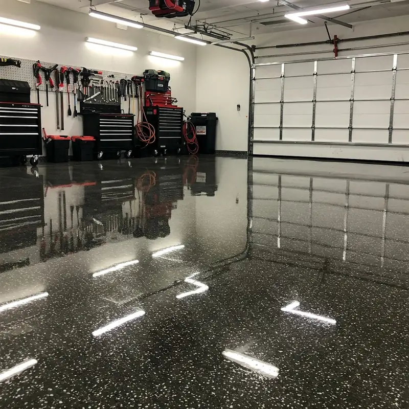 Glossy blue speckled commercial warehouse floor coating