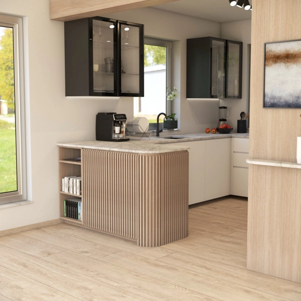 Light wood skirting matching the kitchen flooring.