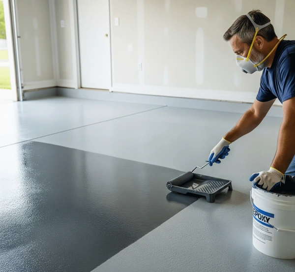 Man applying grey garage epoxy floor coating with roller
