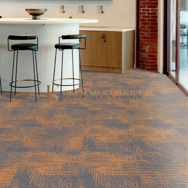 Modern office hallway featuring carpet tiles in a geometric pattern