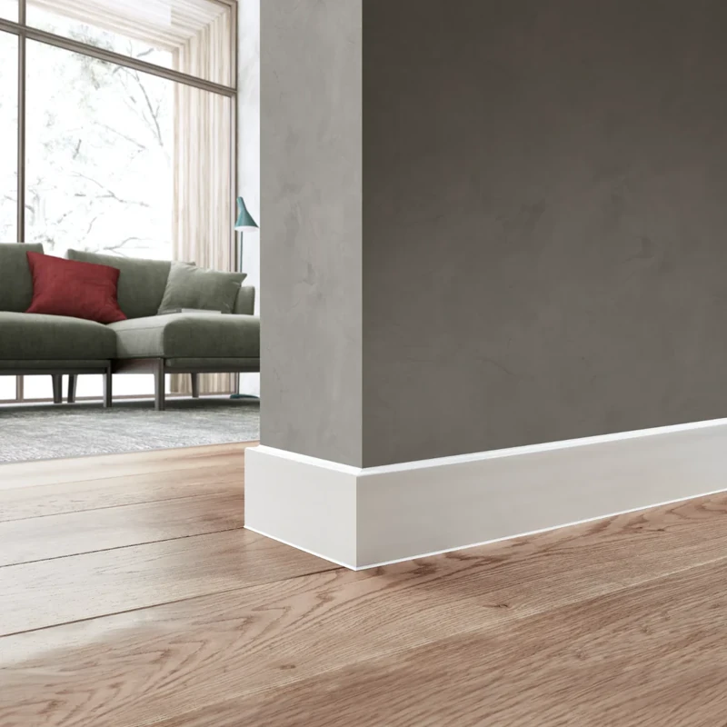 Modern square edge white PVC skirting board.