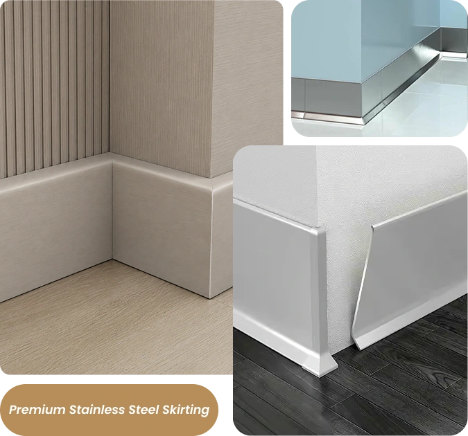 Stainless steel skirting collage with product text