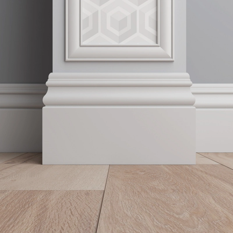 White Ogee MDF skirting board on light wood floor