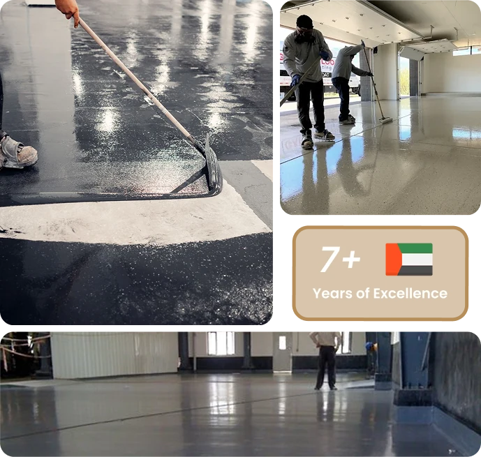 Workers applying durable epoxy floor coating collage