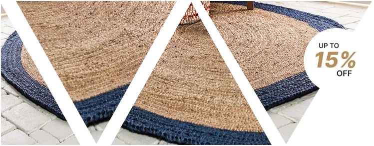 discount of up to 15% off is available for the round, natural-fiber carpets