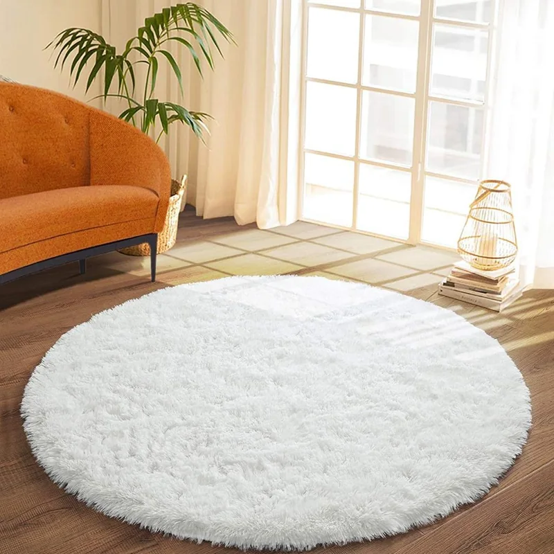 round, fluffy white shag carpet