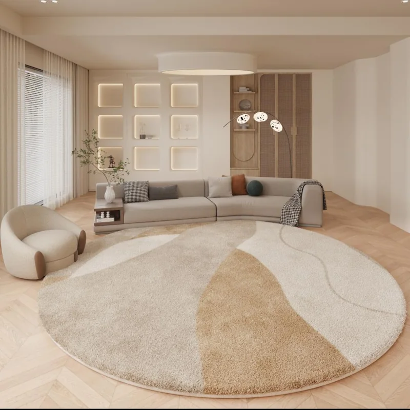 round, plush carpet with abstract, neutral-toned color