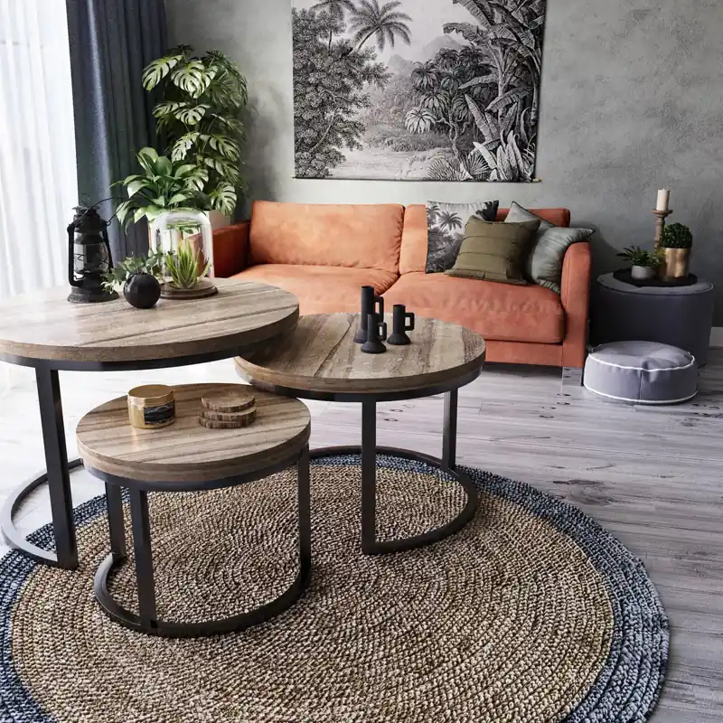 woven round carpet with a natural beige center