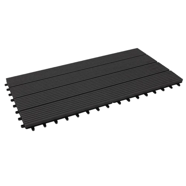 Perspective view of a black WPC decking tile