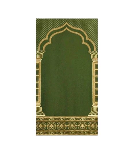 Green mosque carpet with an arch design and floral border.