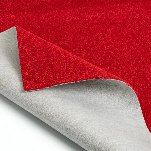 Red carpet swatch showing gray felt backing.